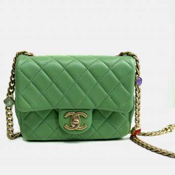 Pre Owned Chanel Green Leather Quilted Mini Pearl Square Flap Bag