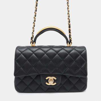 Chanel Black Lambskin Matelasse Top Handle Flap Bag