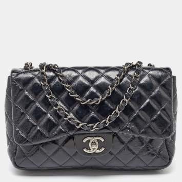 Pre Owned Chanel Black Crinkled Quilted Patent Leather Jumbo Single Flap Bag