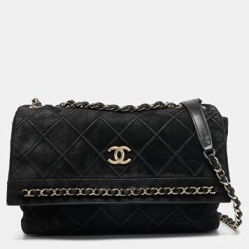 Pre Owned Chanel Black Diamond Stitched Suede Lovely Chains Flap Bag