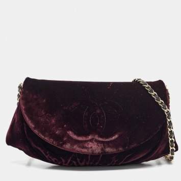 Pre Owned Chanel Purple Velvet CC Half Moon Wallet on Chain
