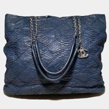 Chanel Navy Blue Quilted Matte Snakeskin Tote