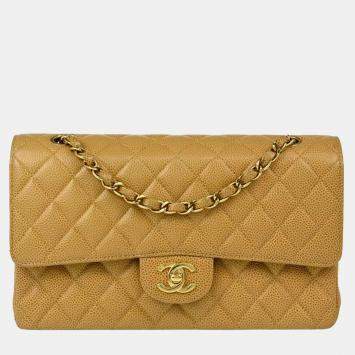 Pre Owned Chanel Beige Caviar Leather Medium Classic Double Flap Shoulder Bag