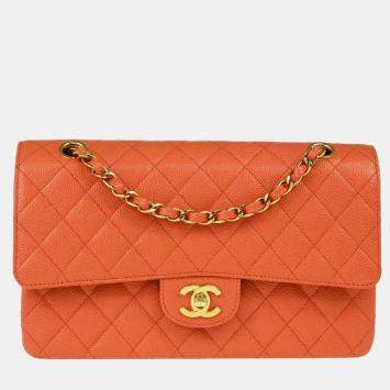 Pre Owned Chanel Orange Caviar Leather Medium Classic Double Flap Shoulder Bag