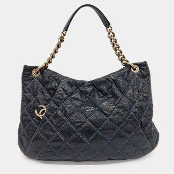 Pre Owned Chanel Navy Blue Caviar Leather Coco Pleats Hobo Bag