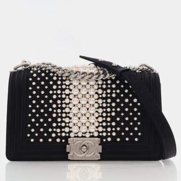 Pre Owned Chanel Old Medium Black Satin Pearl Embellished Boy Bag
