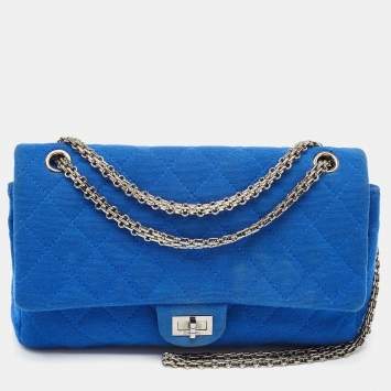 Pre Owned Chanel Blue Quilted Jersey Reissue 2.55 Classic 226 Flap Bag