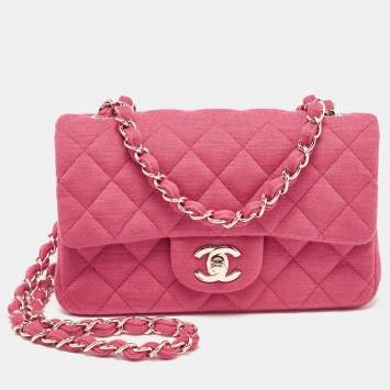 Pre Owned Chanel Pink Quilted Jersey Small Classic Single Flap Bag 