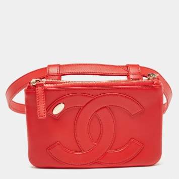 Pre Owned Chanel Red Leather CC Mania Double Zip Waist Belt Bag