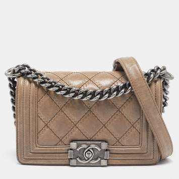 Pre Owned Chanel Beige Double Stitch Quilted Leather Small Boy Flap Bag