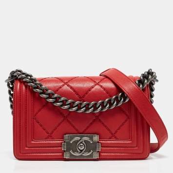 Pre Owned Chanel Red Double Stitch Leather Small Boy Flap Bag