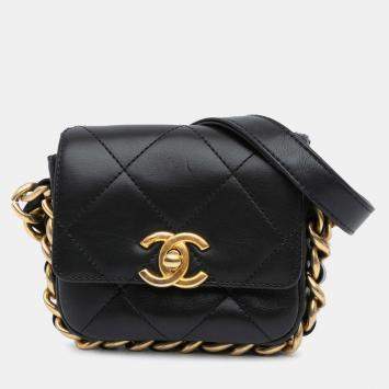 Pre Owned Chanel Black Leather Mini Quilted Framing Chain Flap Bag