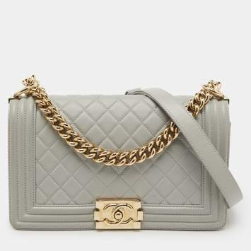 Pre Owned Chanel Grey Quilted Leather Medium Boy Flap Bag