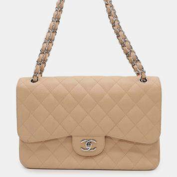 Pre Owned Chanel Beige Caviar Leather Double Flap Shoulder Bag 