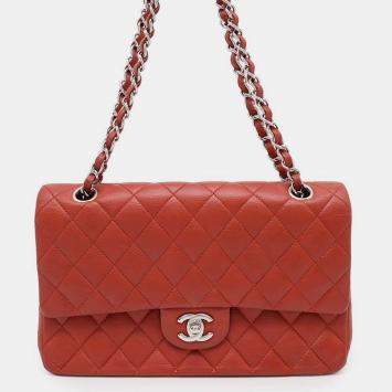 Pre Owned Chanel Red Caviar Leather Classic Double Flap Shoulder Bag 