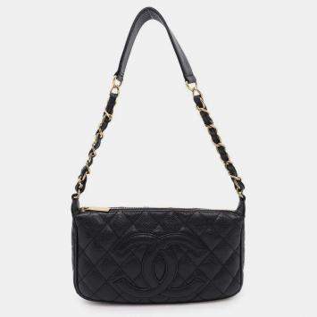 Pre Owned Chanel Black Caviar Leather One Belt Cc Logo Semi Shoulder Bag 