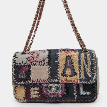 Pre Owned Chanel Multicolor Denim Canvas Leather Patchwork Chain Shoulder Bag 