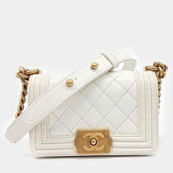 Pre Owned Chanel White Leather Boy Mini Shoulder Bag
