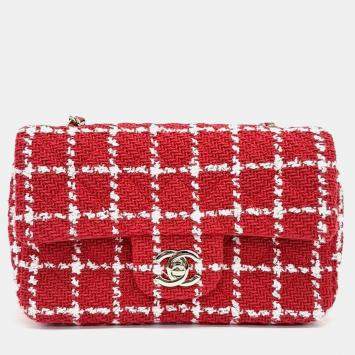Pre Owned Chanel Red Tweed Classic Mini Crossbody Bag