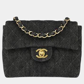 Pre Owned Chanel Black Denim Mini Classic Square Flap Shoulder Bag