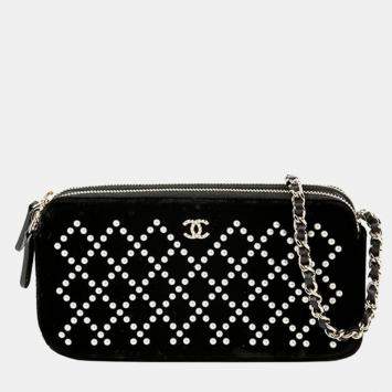 Chanel Black Velvet Pearl Quilted Double Zipper Wallet on Chain