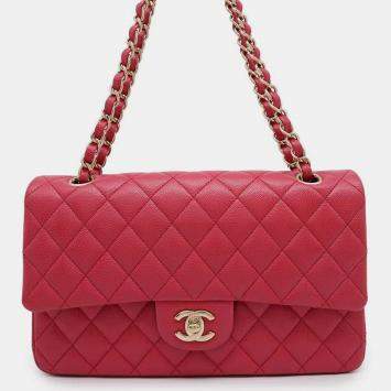 Pre Owned Chanel Pink Caviar Leather Medium Double Flap Chain Shoulder Bag 