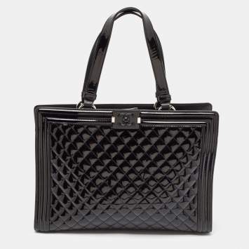 Pre Owned Chanel Black Quilted Patent Leather Large Boy Shopper Tote