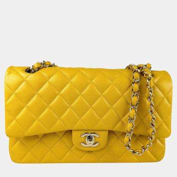 Pre Owned Chanel Yellow Caviar Leather Double Flap Shoulder Bag