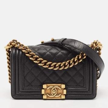 Pre Owned Chanel Black Quilted Caviar Leather Small Boy Flap Bag