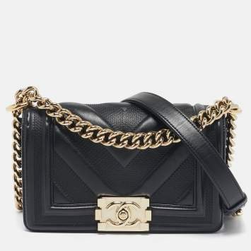 Pre Owned Chanel Black Textured Leather Small Boy Flap Bag