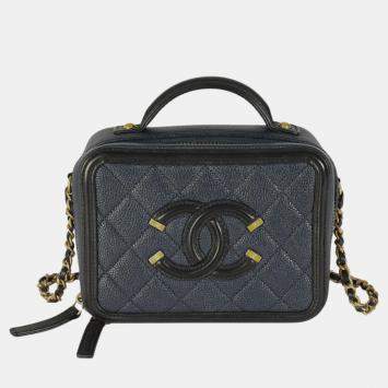 Pre Owned Chanel Black Navy Quilted Caviar Small CC FIligree Vanity Case