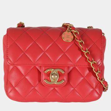 Pre Owned Chanel Red Quilted Lambskin Coco Pins Mini Flap Bag