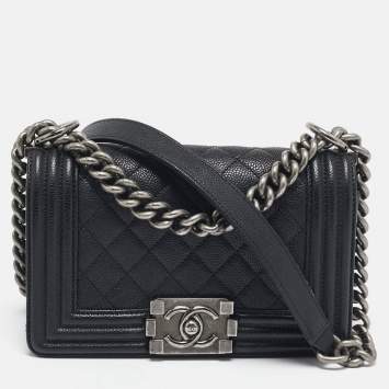 Pre Owned Chanel Black Quilted Caviar Leather Small Boy Flap Bag