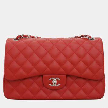 Pre Owned Chanel Red Quilted Lambskin Leather Jumbo Classic Double Flap Bag