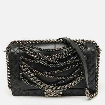 Pre Owned Chanel Black Leather Enchained New Medium Boy Flap Bag