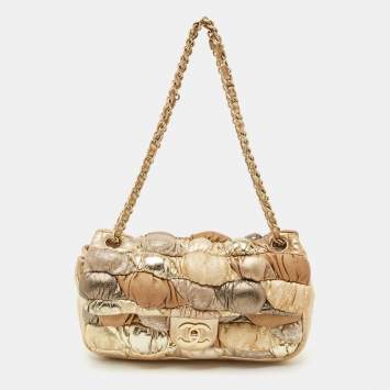 Pre Owned Chanel Gold/Silver Bubbling Leather Medium Classic Single Flap Bag