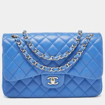 Pre Owned Chanel Blue Quilted Leather Jumbo Classic Double Flap Bag