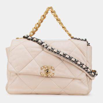 Pre Owned Chanel Beige Large Lambskin 19 Flap Shoulder Bag
