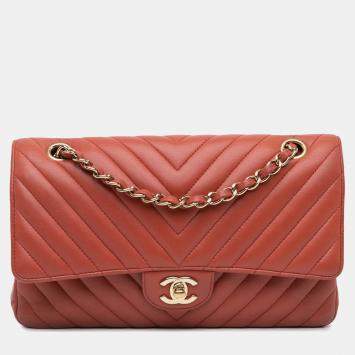 Pre Owned Chanel Orange Medium Classic Chevron Lambskin Double Flap Shoulder Bag