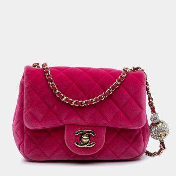 Pre Owned Chanel Pink Mini Square Classic Velvet Pearl Crush Single Flap Shoulder Bag