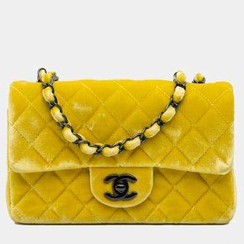 Pre Owned Chanel Yellow Mini Rectangular Classic Velvet Single Flap Bag