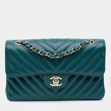 Pre Owned Chanel Blue Small Classic Chevron Caviar Double Flap Bag