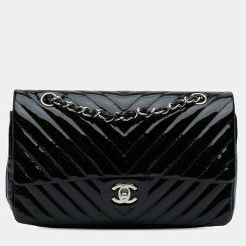 Pre Owned Chanel Black Medium Classic Chevron Patent Double Flap Bag