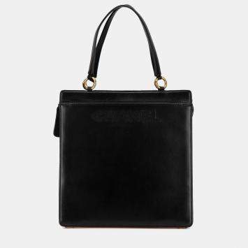 Pre Owned Chanel Black Lambskin Logo Tote Bag