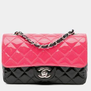 Pre Owned Chanel Black Pink Mini Rectangular Bicolor Patent Leather Flap Bag