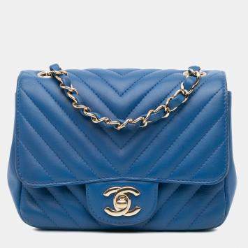 Pre Owned Chanel Blue Leather Mini Square Classic Chevron Single Flap Shoulder Bag