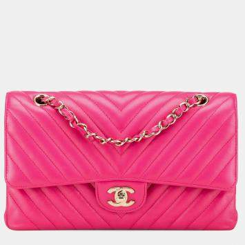 Pre Owned Chanel Pink Lambskin Medium Classic Chevron Double Flap Shoulder Bag