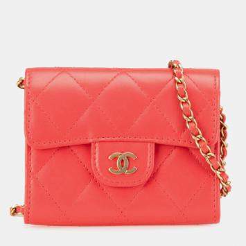 Pre Owned Chanel Red Quilted Lambskin Flap Card Holder on Chain