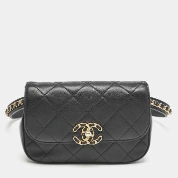 Pre Owned Chanel Black Quilted Leather Chain Infinity Belt Bag