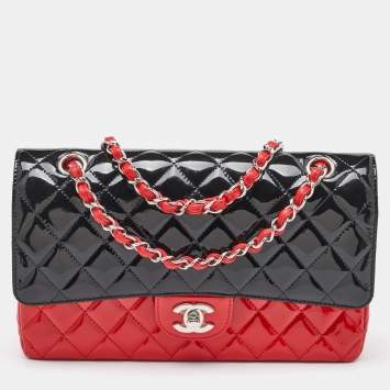 Chanel Black/Red Quilted Patent Leather Medium Classic Double Flap Bag